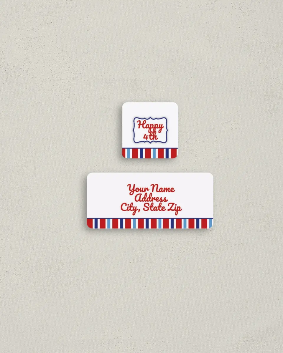 This is a 2¼" x 1" Labels; 1" x 1" Seals Return Address Label called First Fourth of July printed in full color