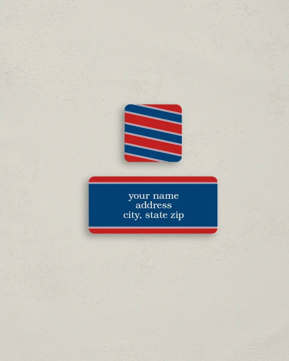 This is a 2¼" x 1" Labels; 1" x 1" Seals Return Address Label called Fourth of July Stripes printed in full color