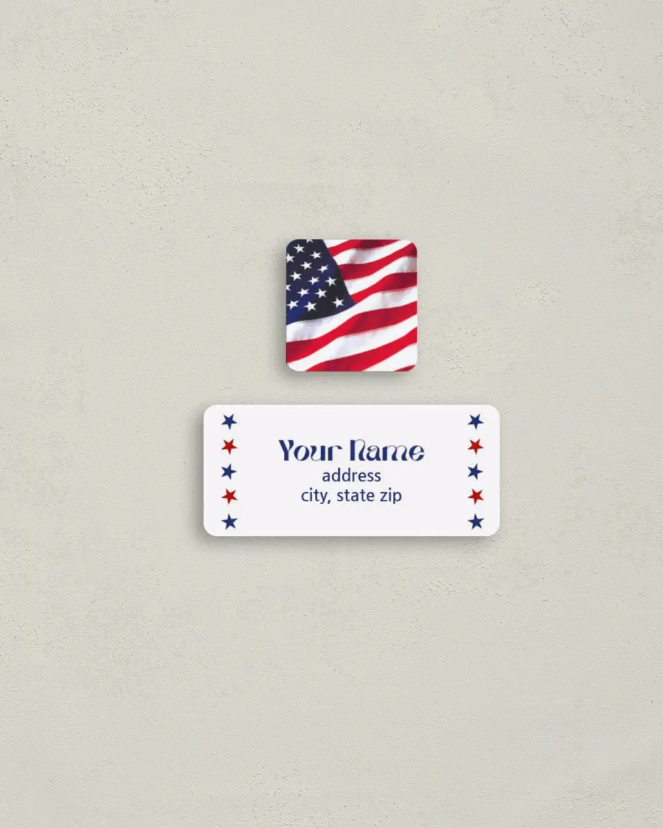 This is a 2¼" x 1" Labels; 1" x 1" Seals Return Address Label called Stars & Stripes printed in full color