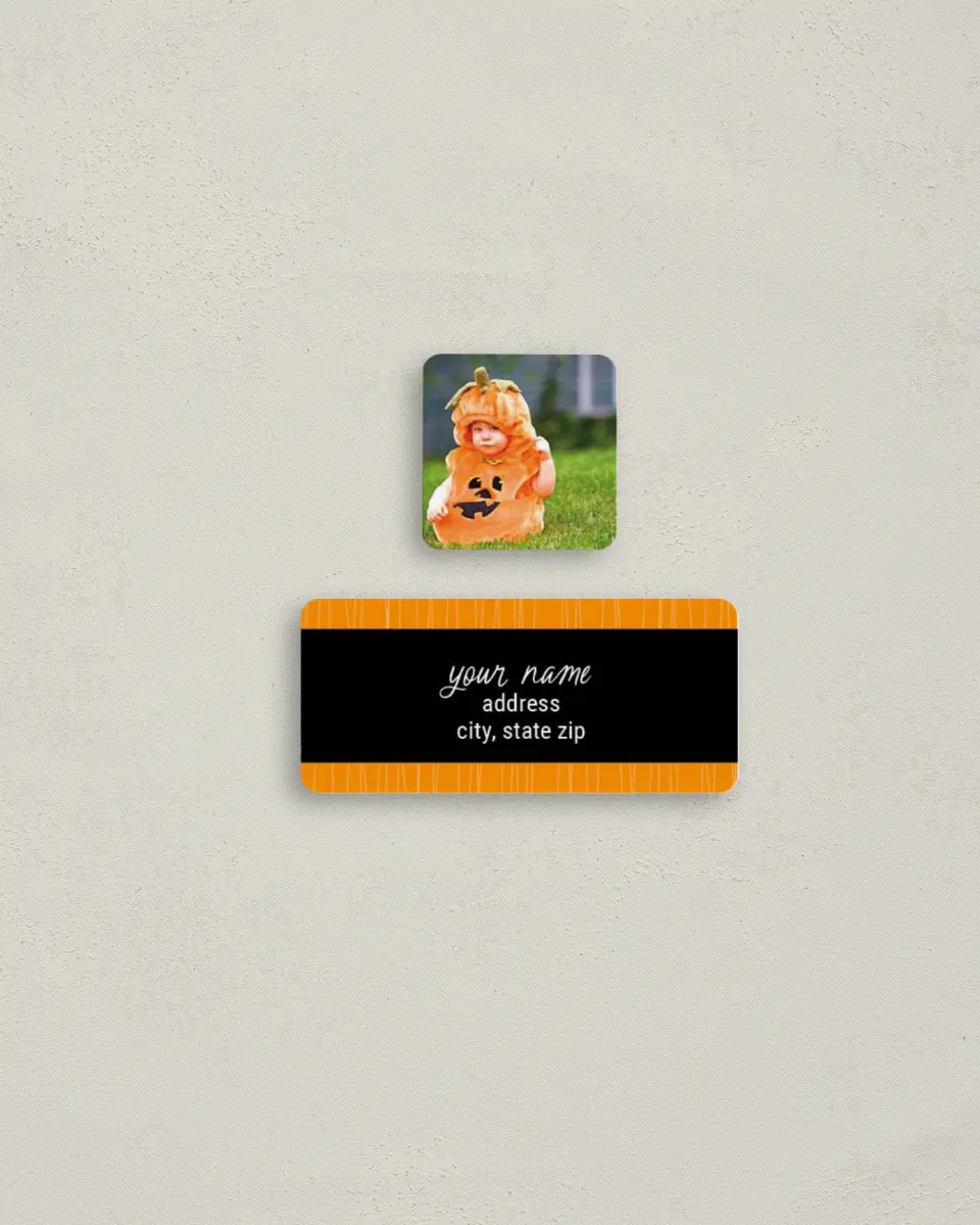 This is a 2¼" x 1" Labels; 1" x 1" Seals Return Address Label called Little Pumpkin printed in full color