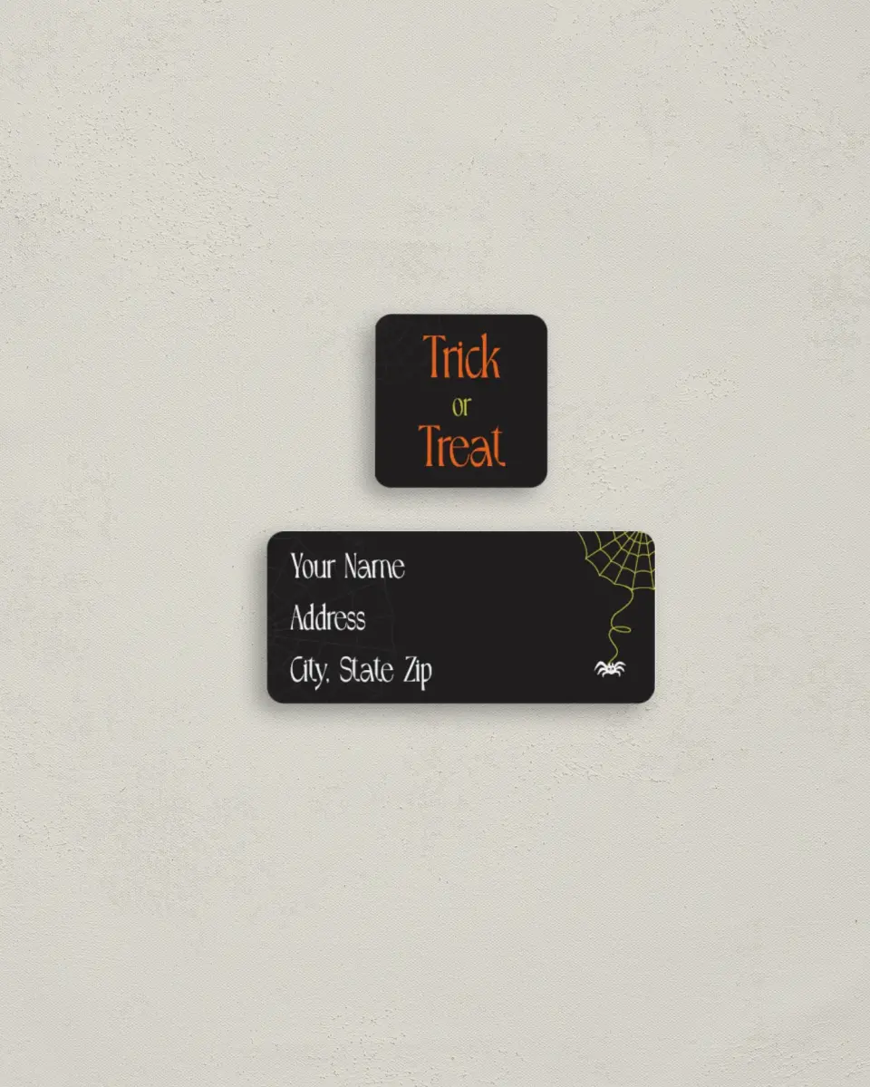 This is a 2¼" x 1" Labels; 1" x 1" Seals Return Address Label called Trick or Treat printed in full color