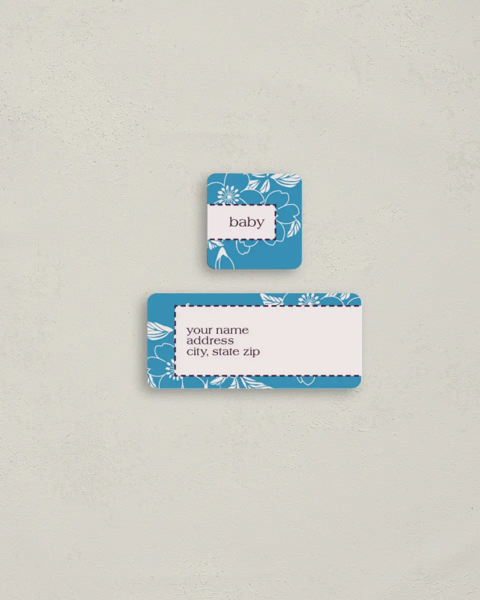 This is a 2¼" x 1" Labels; 1" x 1" Seals Return Address Label called Baby Boy Blossom printed in full color