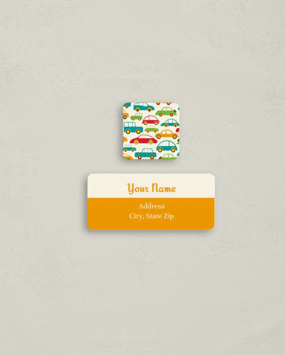 This is a 2¼" x 1" Labels; 1" x 1" Seals Return Address Label called Vroom, Vroom printed in full color