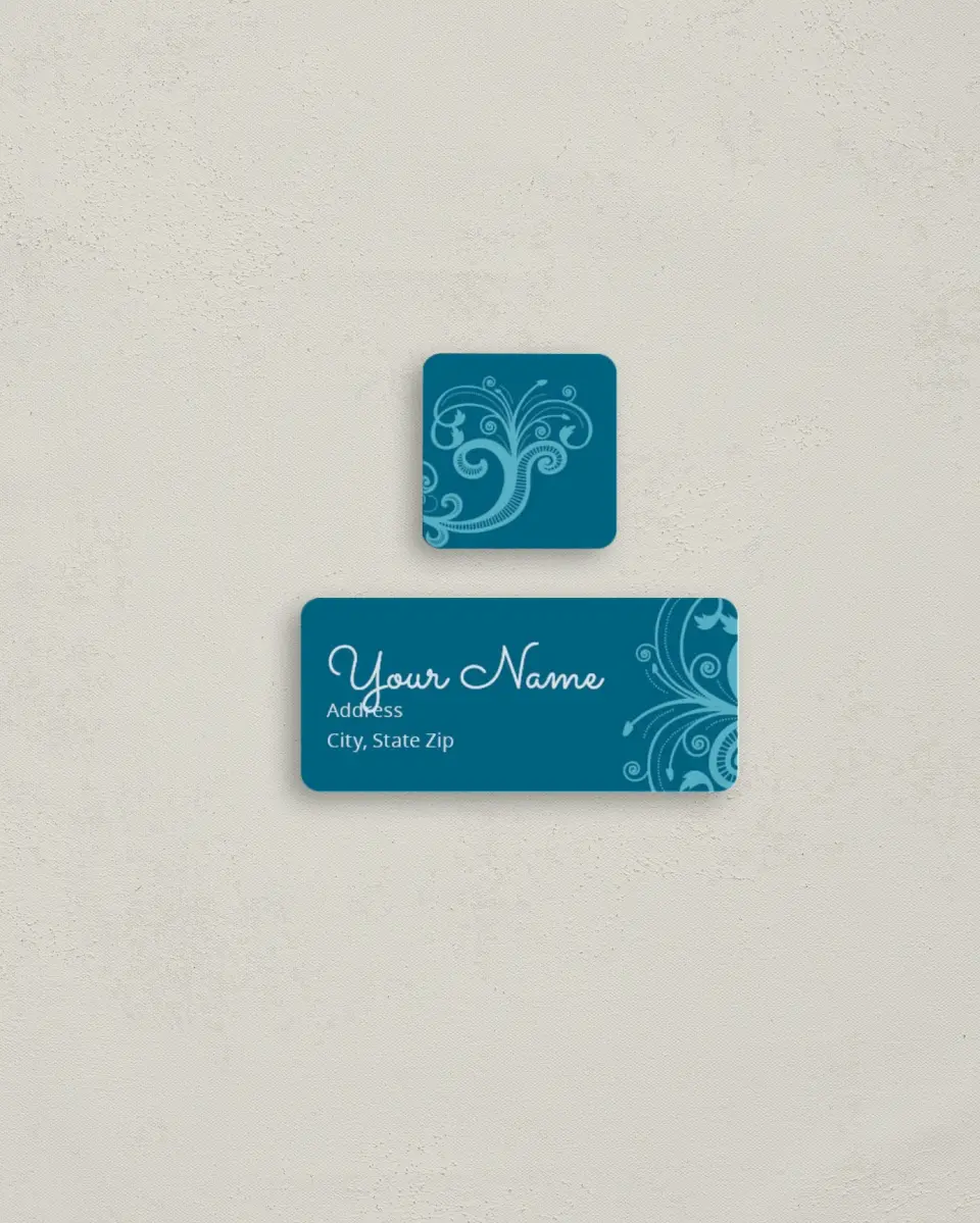 This is a 2¼" x 1" Labels; 1" x 1" Seals Return Address Label called Fresh Filigree printed in full color