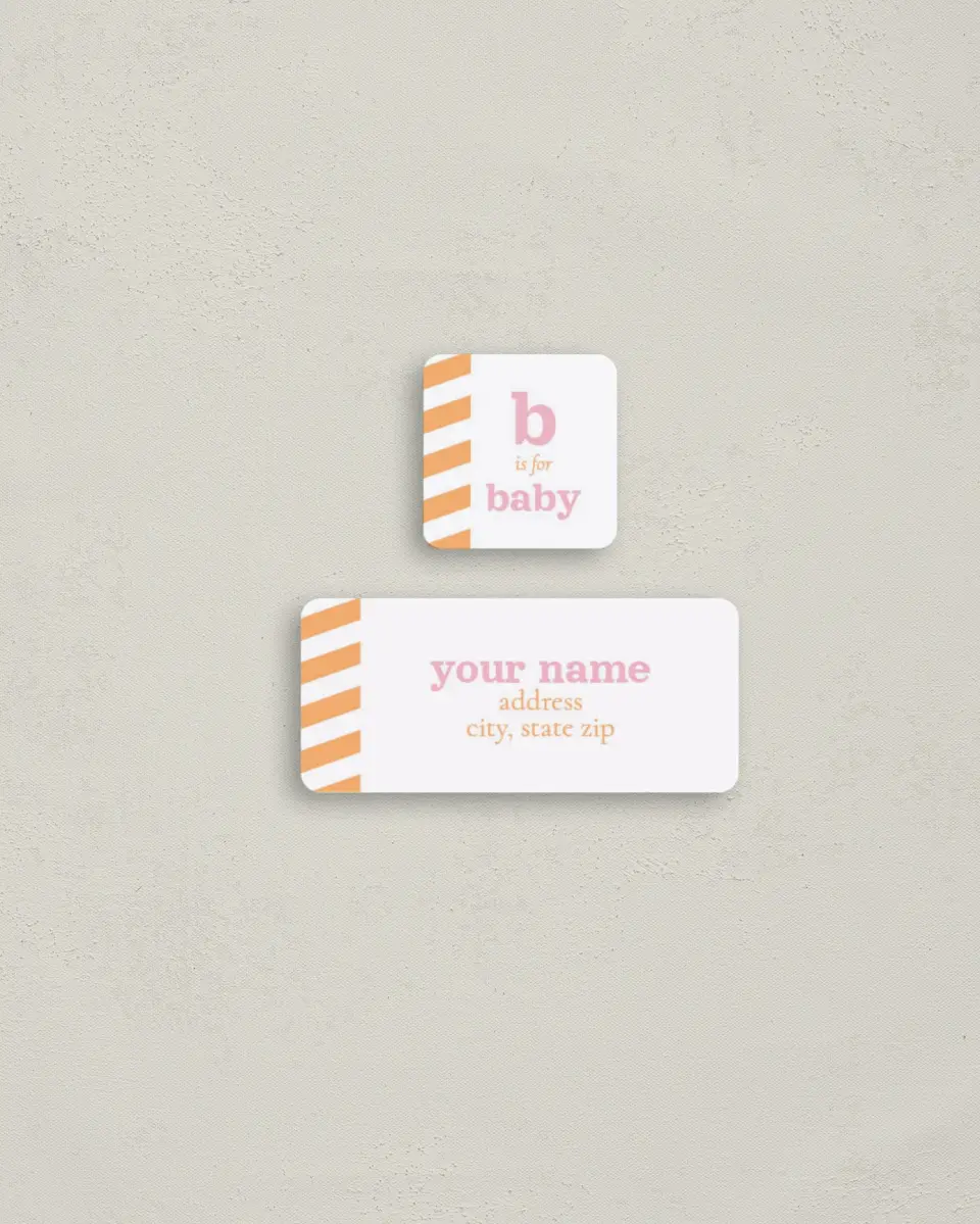 This is a 2¼" x 1" Labels; 1" x 1" Seals Return Address Label called B for Baby printed in full color