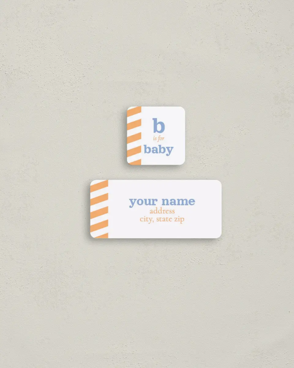 This is a 2¼" x 1" Labels; 1" x 1" Seals Return Address Label called B for Baby printed in full color