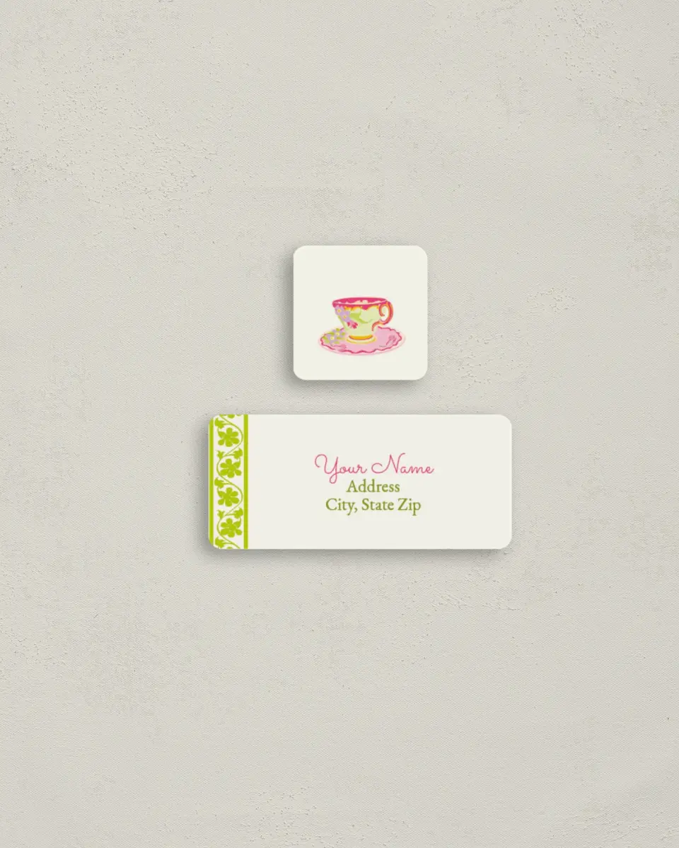This is a 2¼" x 1" Labels; 1" x 1" Seals Return Address Label called Trendy Tea Party printed in full color