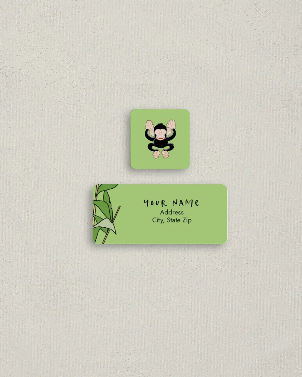This is a 2¼" x 1" Labels; 1" x 1" Seals Return Address Label called Swinging Monkey Fun printed in full color