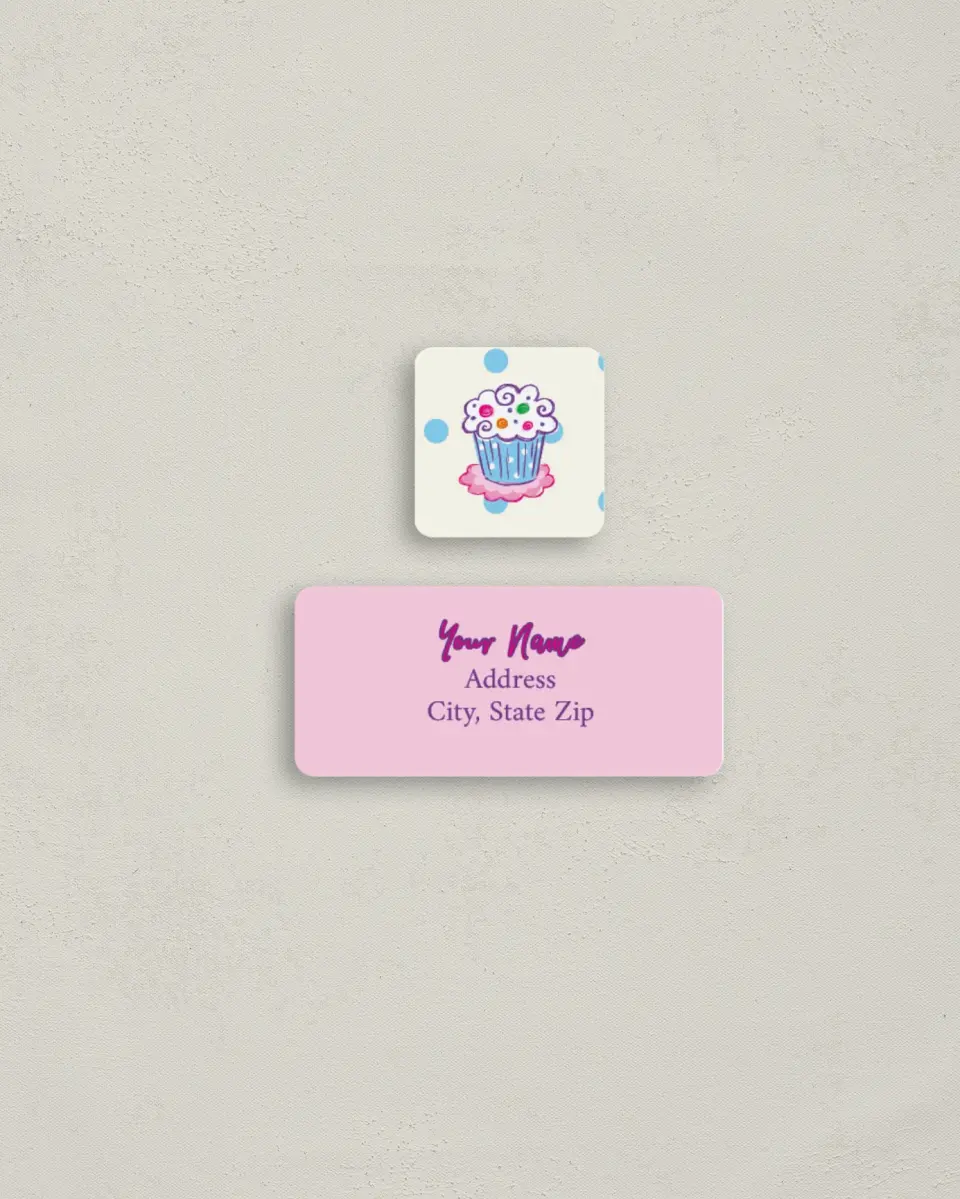 This is a 2¼" x 1" Labels; 1" x 1" Seals Return Address Label called Polka Dot Cupcake printed in full color