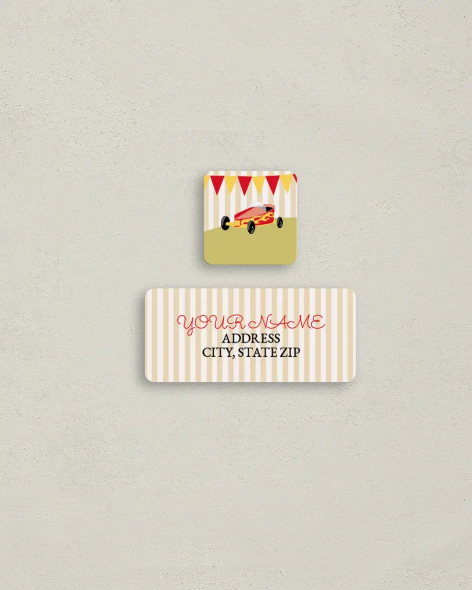 This is a 2¼" x 1" Labels; 1" x 1" Seals Return Address Label called Race Car Rally printed in full color