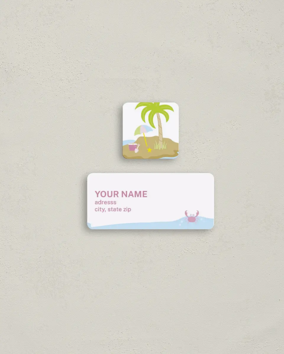 This is a 2¼" x 1" Labels; 1" x 1" Seals Return Address Label called Tropical Island Bash printed in full color