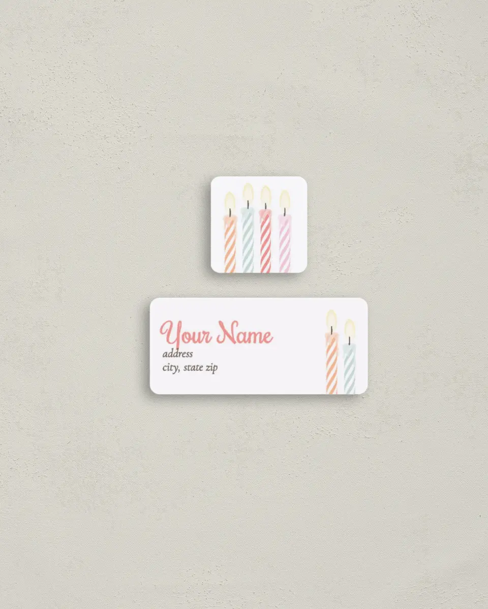 This is a 2¼" x 1" Labels; 1" x 1" Seals Birthday Party Invitation called Charming Birthday Candles printed in full color