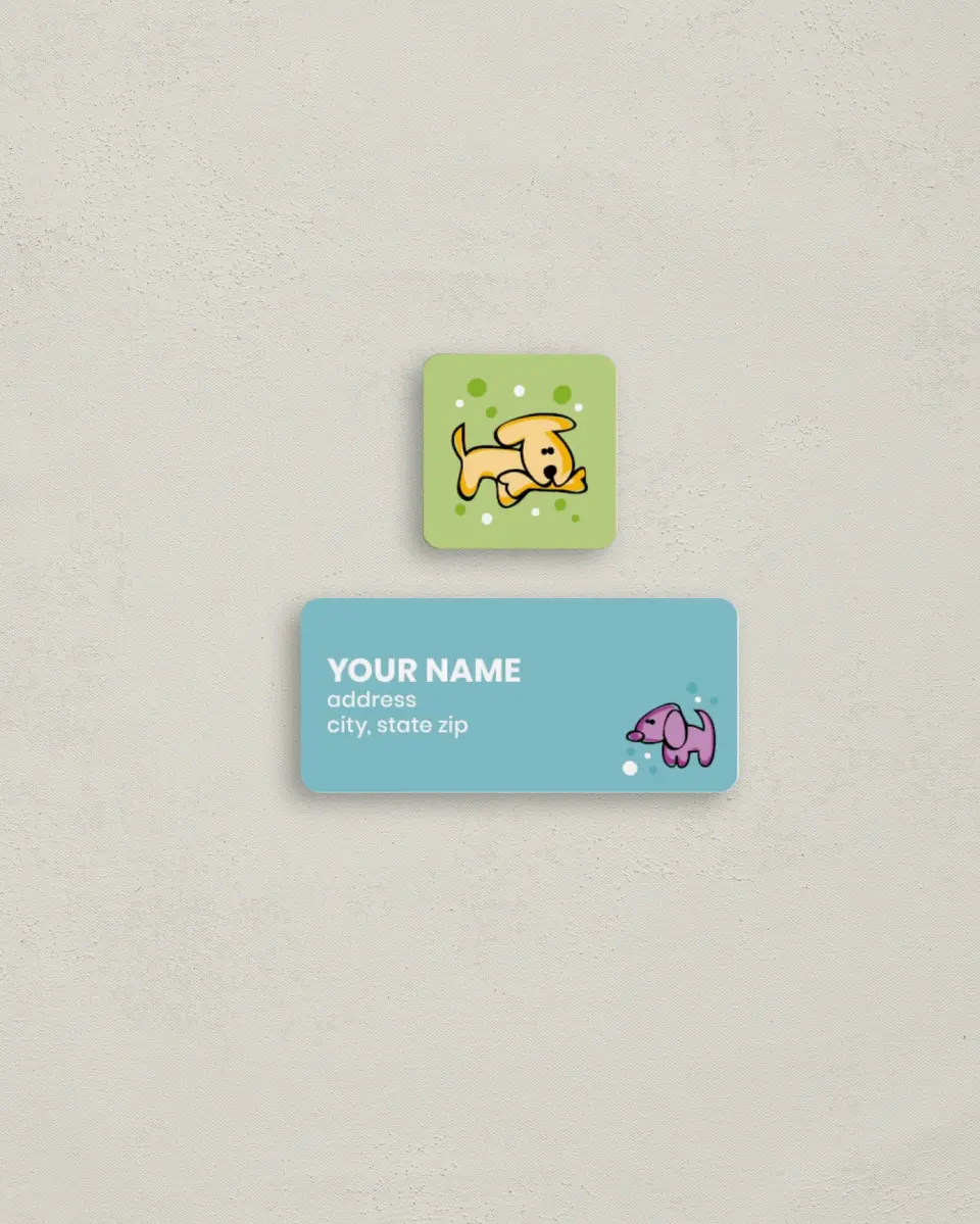 This is a 2¼" x 1" Labels; 1" x 1" Seals Return Address Label called Puppy Pawty printed in full color