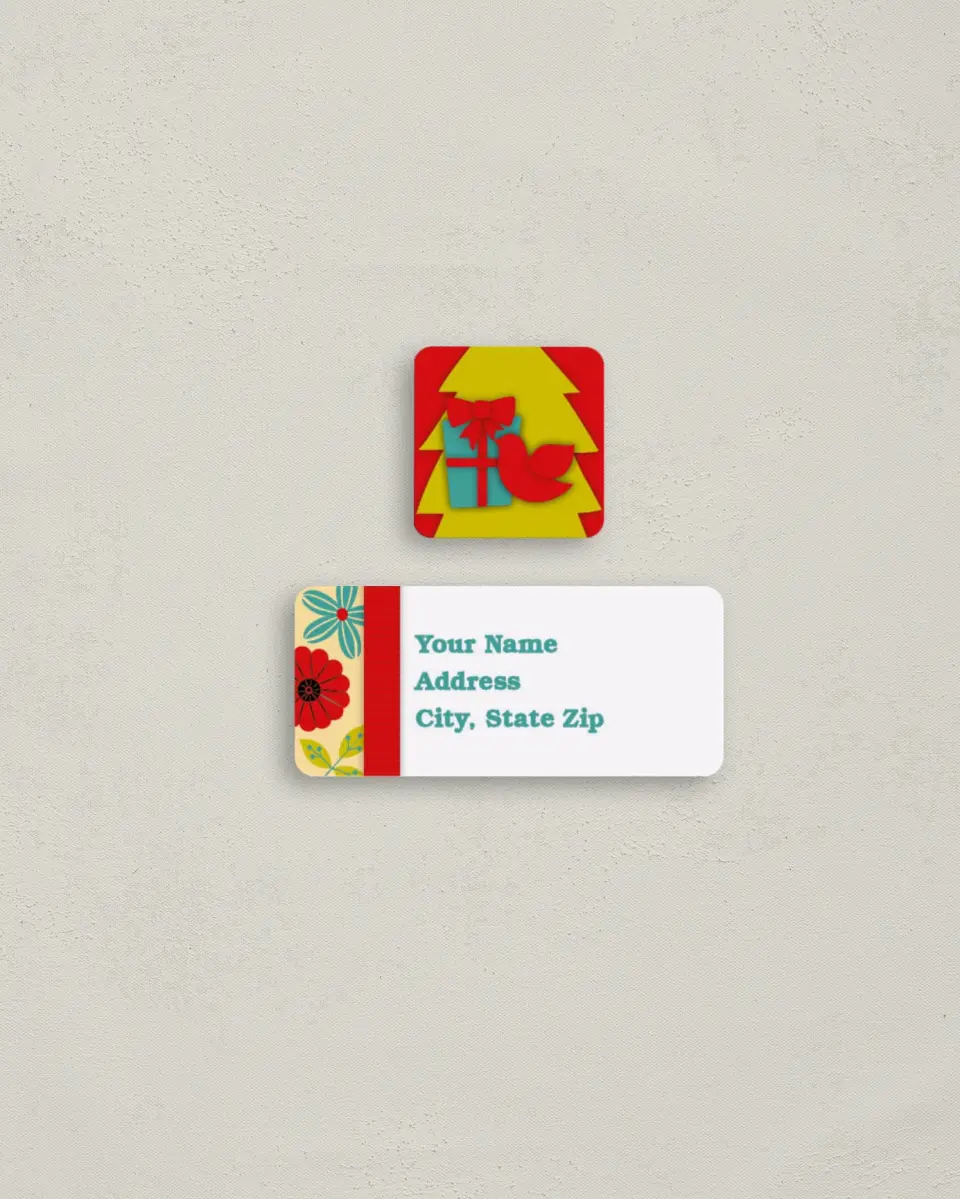 This is a 2¼" x 1" Labels; 1" x 1" Seals Return Address Label called All Wrapped Up printed in full color