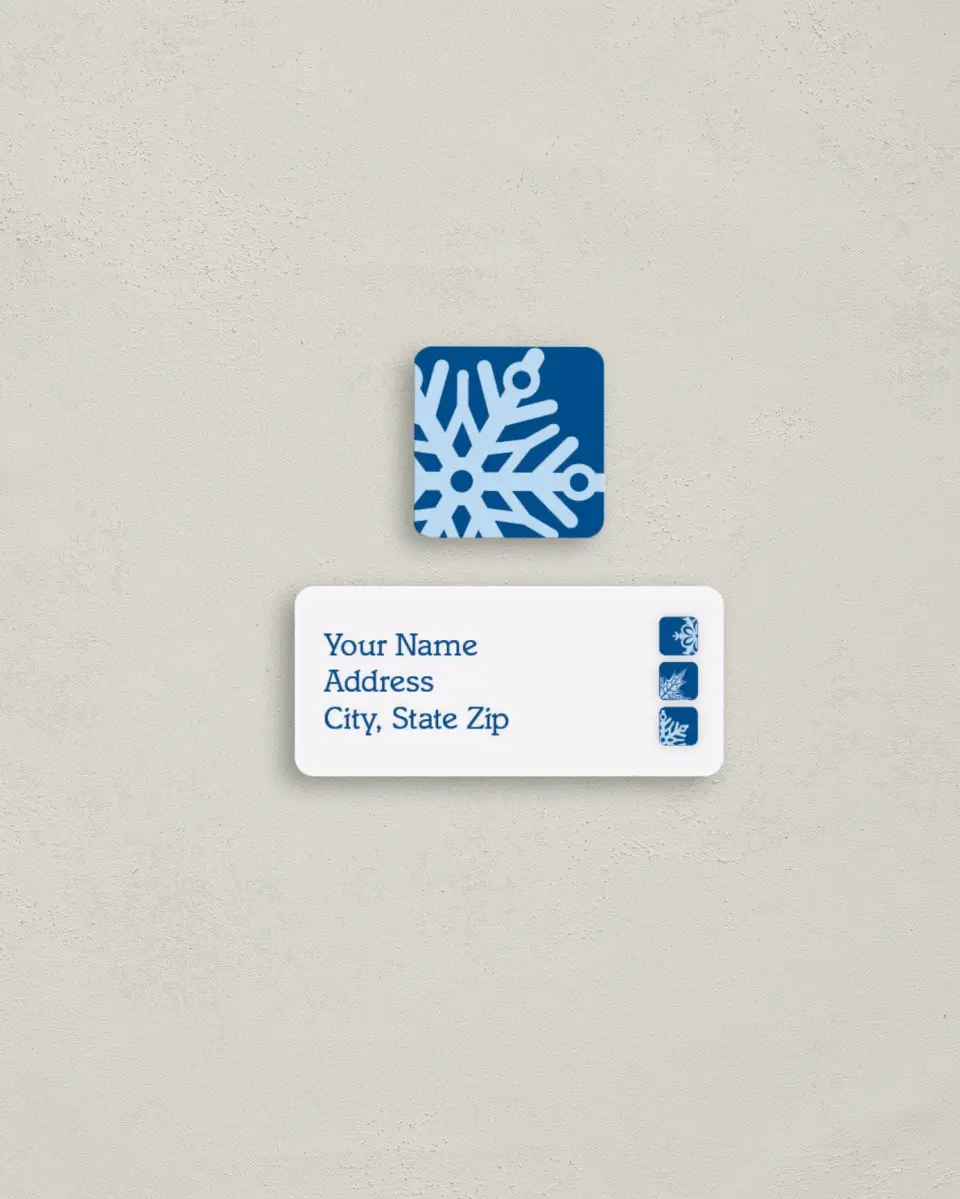 This is a 2¼" x 1" Labels; 1" x 1" Seals Return Address Label called Snows a Fallin printed in full color