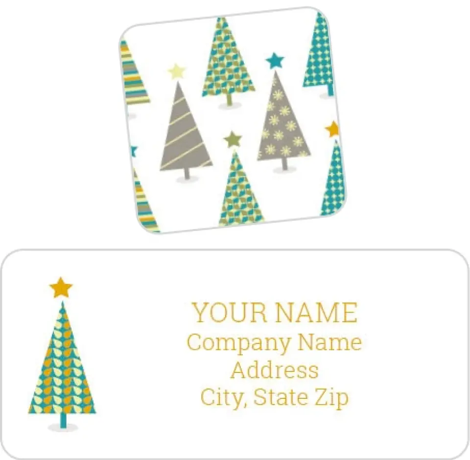 This is a 2¼" x 1" Labels; 1" x 1" Seals Return Address Label called Christmas Tree Greetings printed in full color
