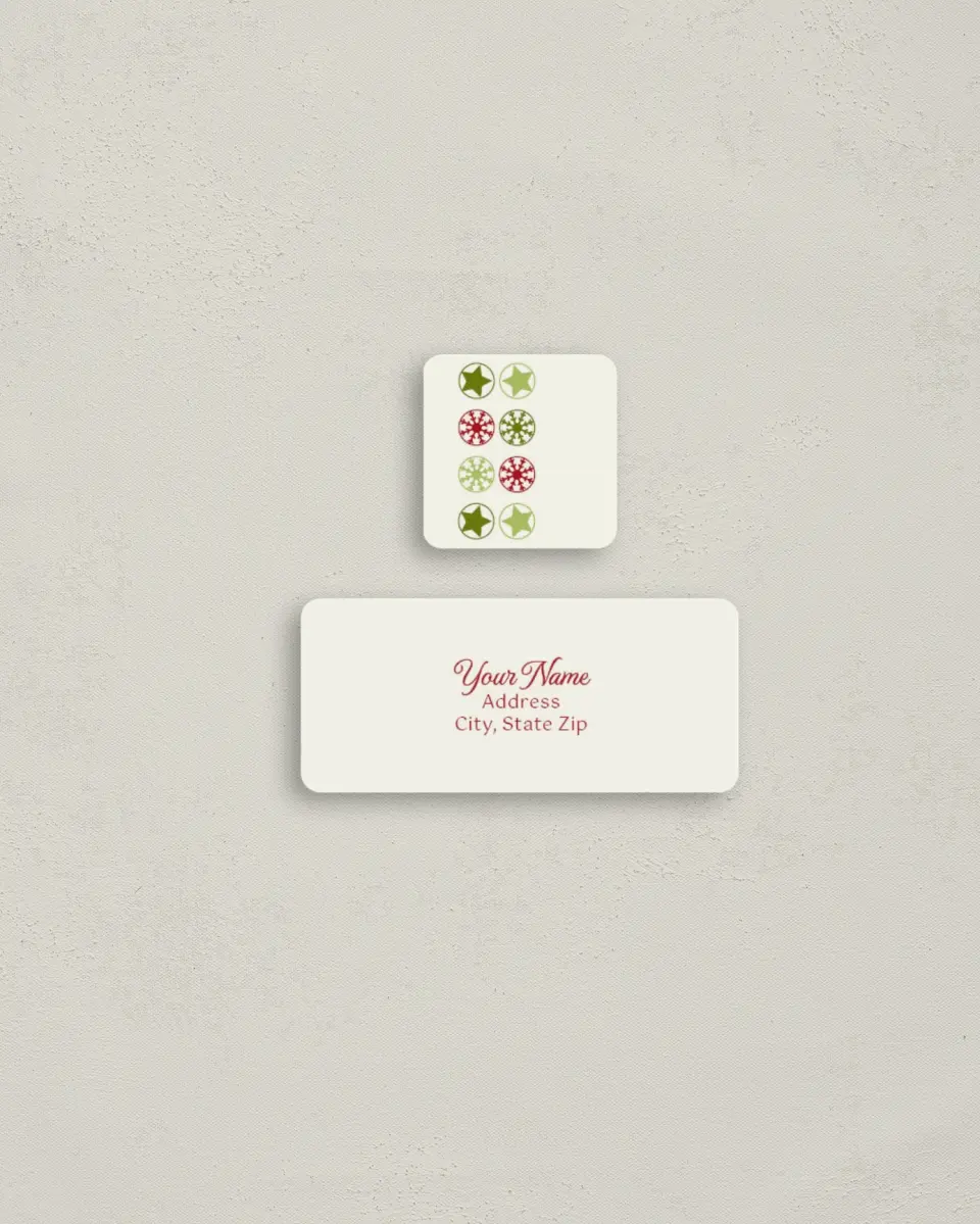 This is a 2¼" x 1" Labels; 1" x 1" Seals Return Address Label called Snowflakes & Stars printed in full color