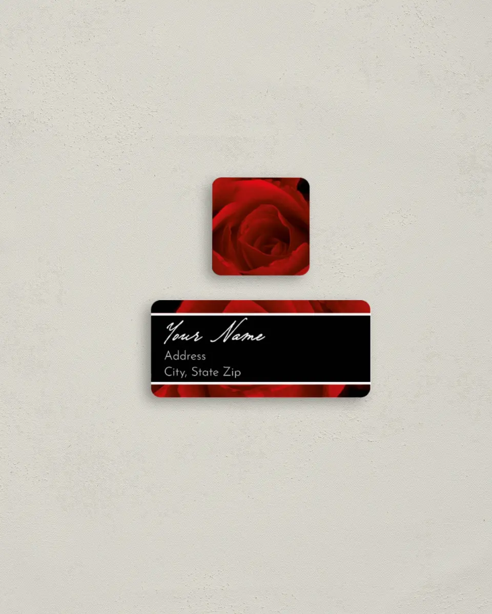 This is a 2¼" x 1" Labels; 1" x 1" Seals Return Address Label called Dramatic Roses printed in full color