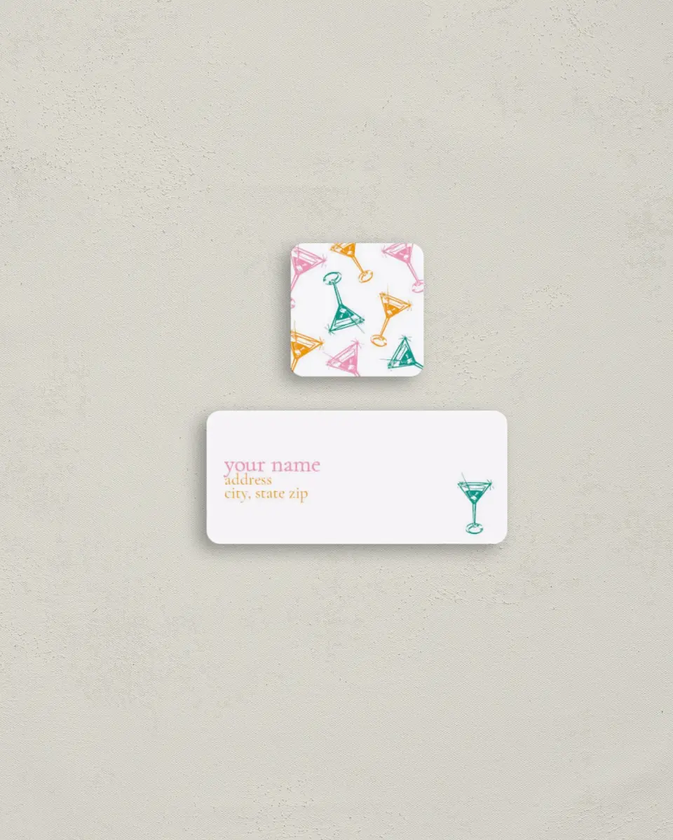 This is a 2¼" x 1" Labels; 1" x 1" Seals Return Address Label called Cocktail Time printed in full color