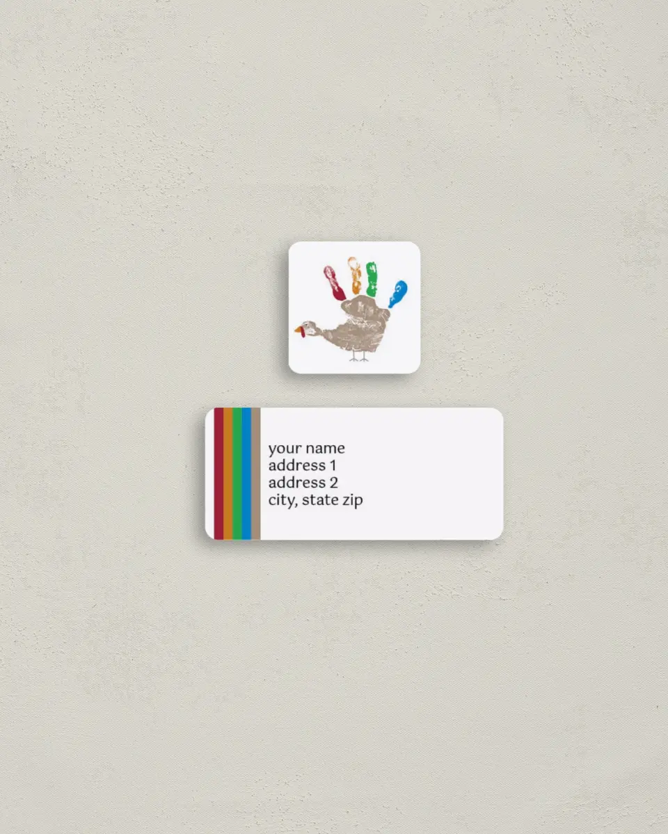 This is a 2¼" x 1" Labels; 1" x 1" Seals Return Address Label called Turkey Hand Print printed in full color