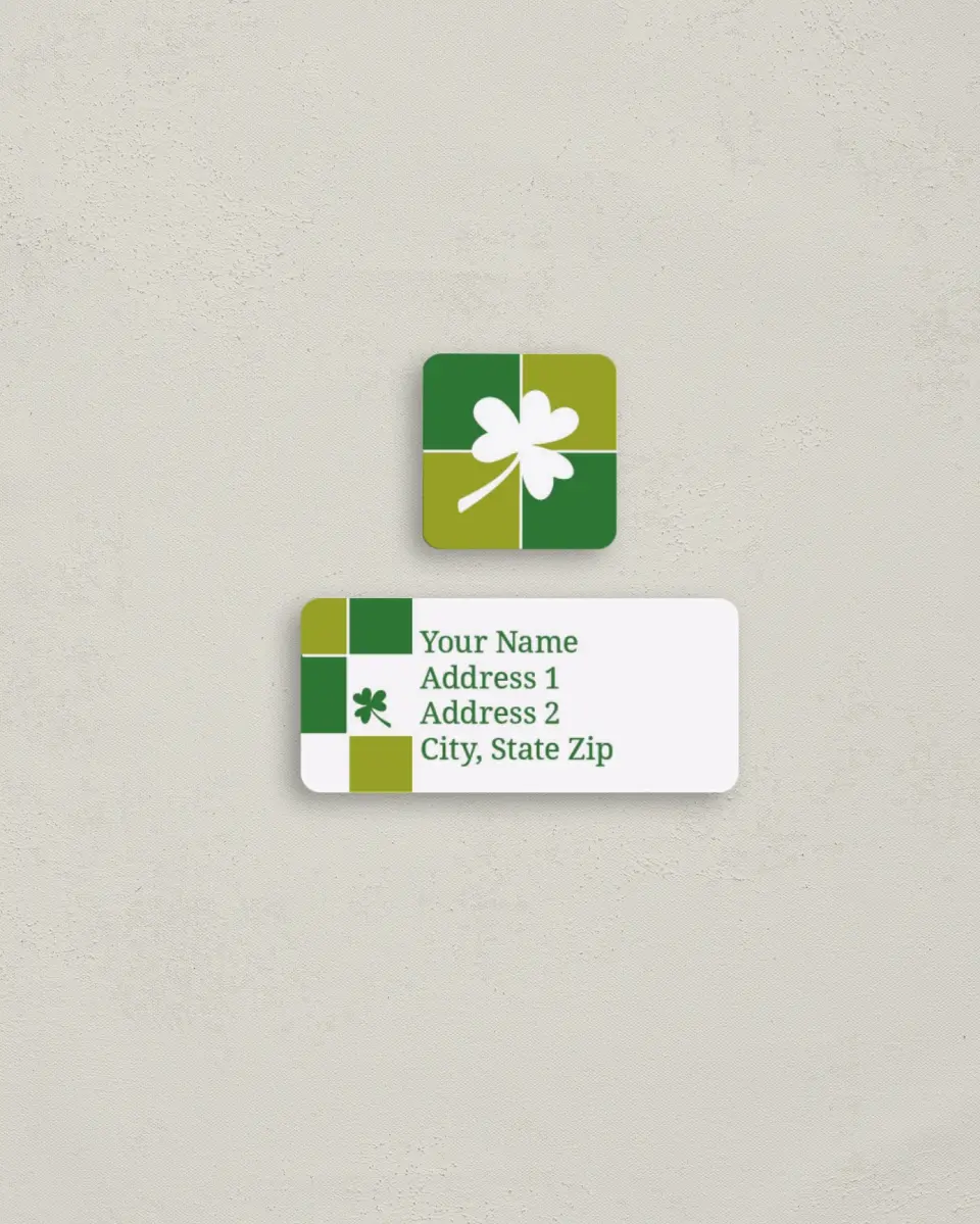 This is a 2¼" x 1" Labels; 1" x 1" Seals Return Address Label called Colored Clover Cubes printed in full color