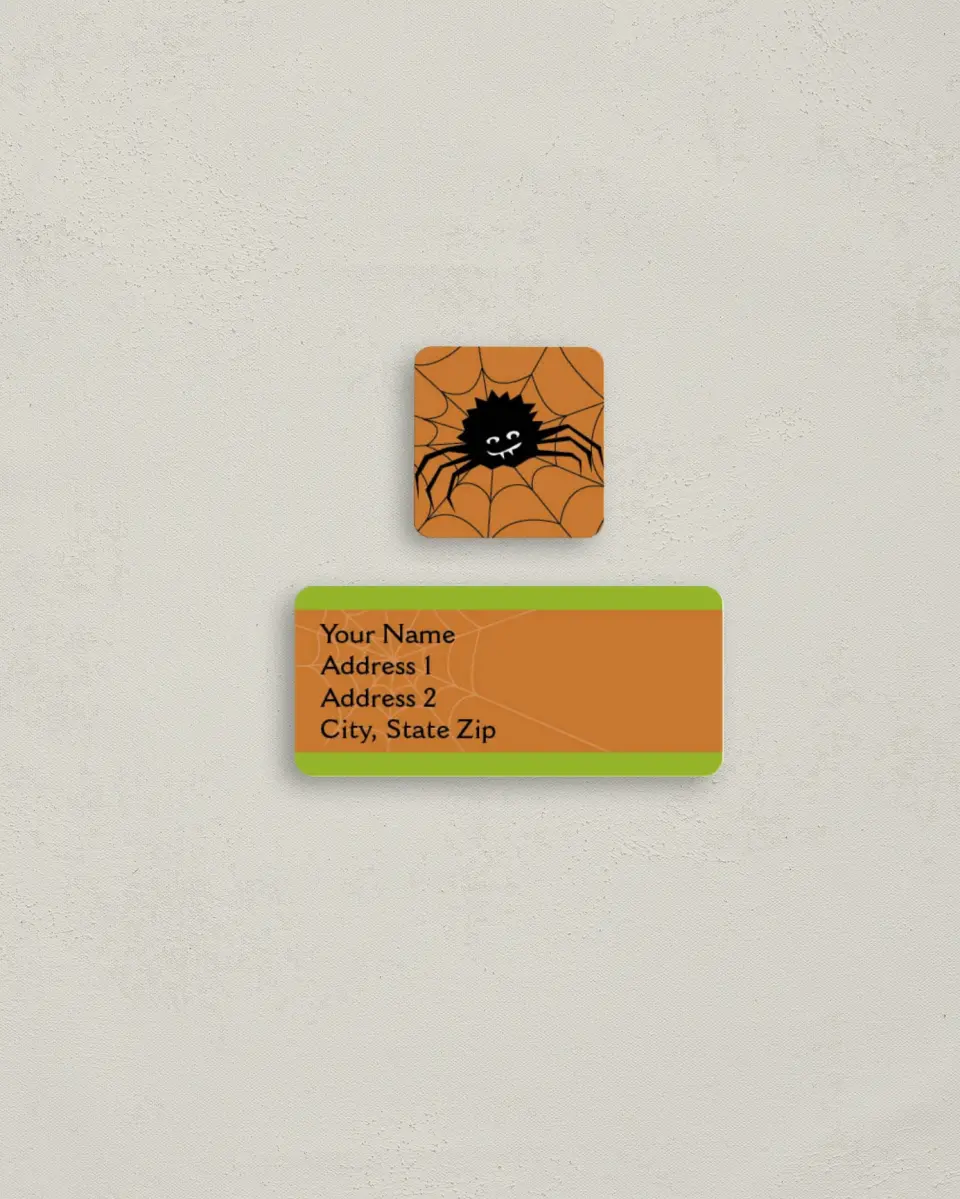 This is a 2¼" x 1" Labels; 1" x 1" Seals Return Address Label called Spooky Spider Web printed in full color