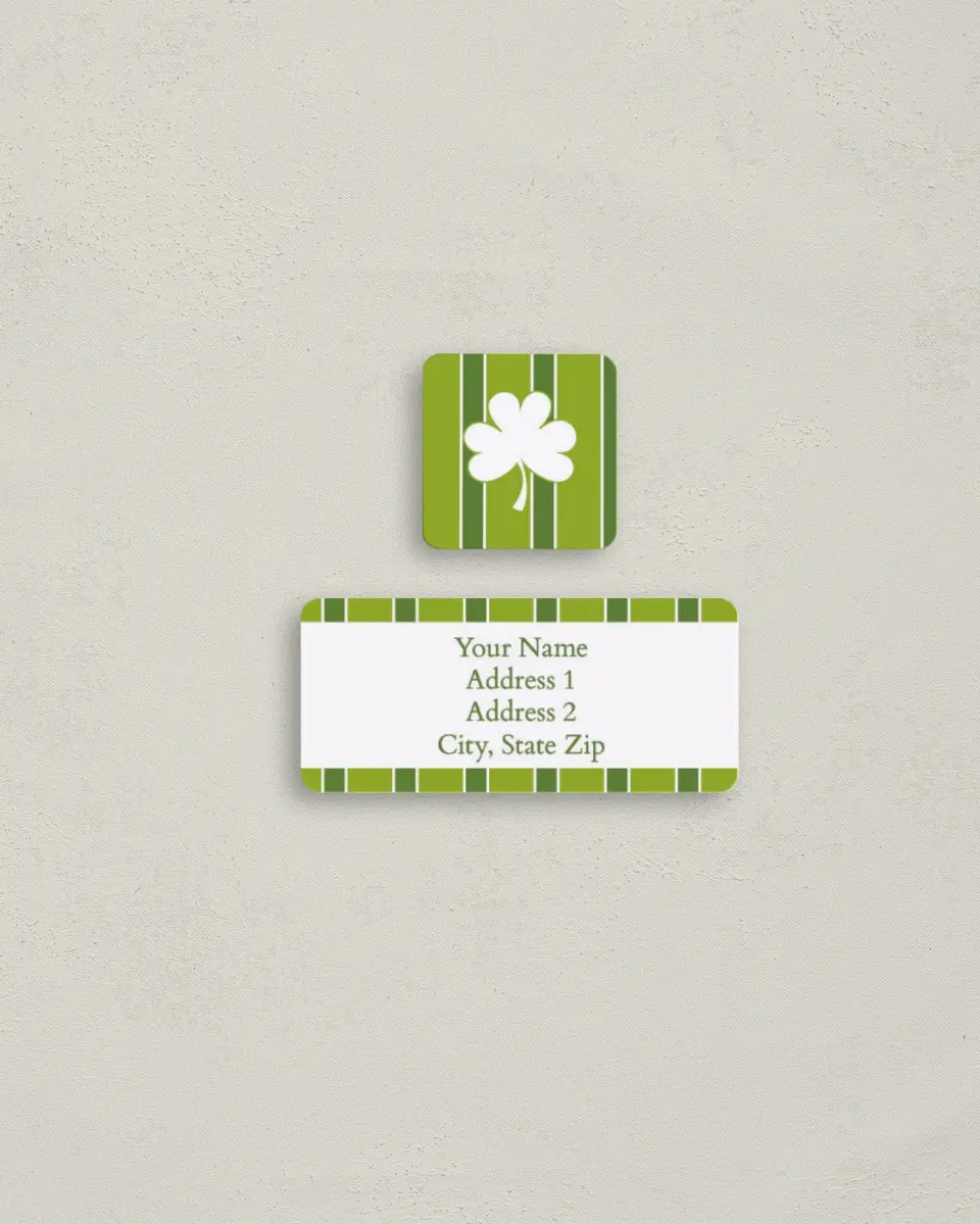 This is a 2¼" x 1" Labels; 1" x 1" Seals Return Address Label called Classic Clover and Stripes printed in full color