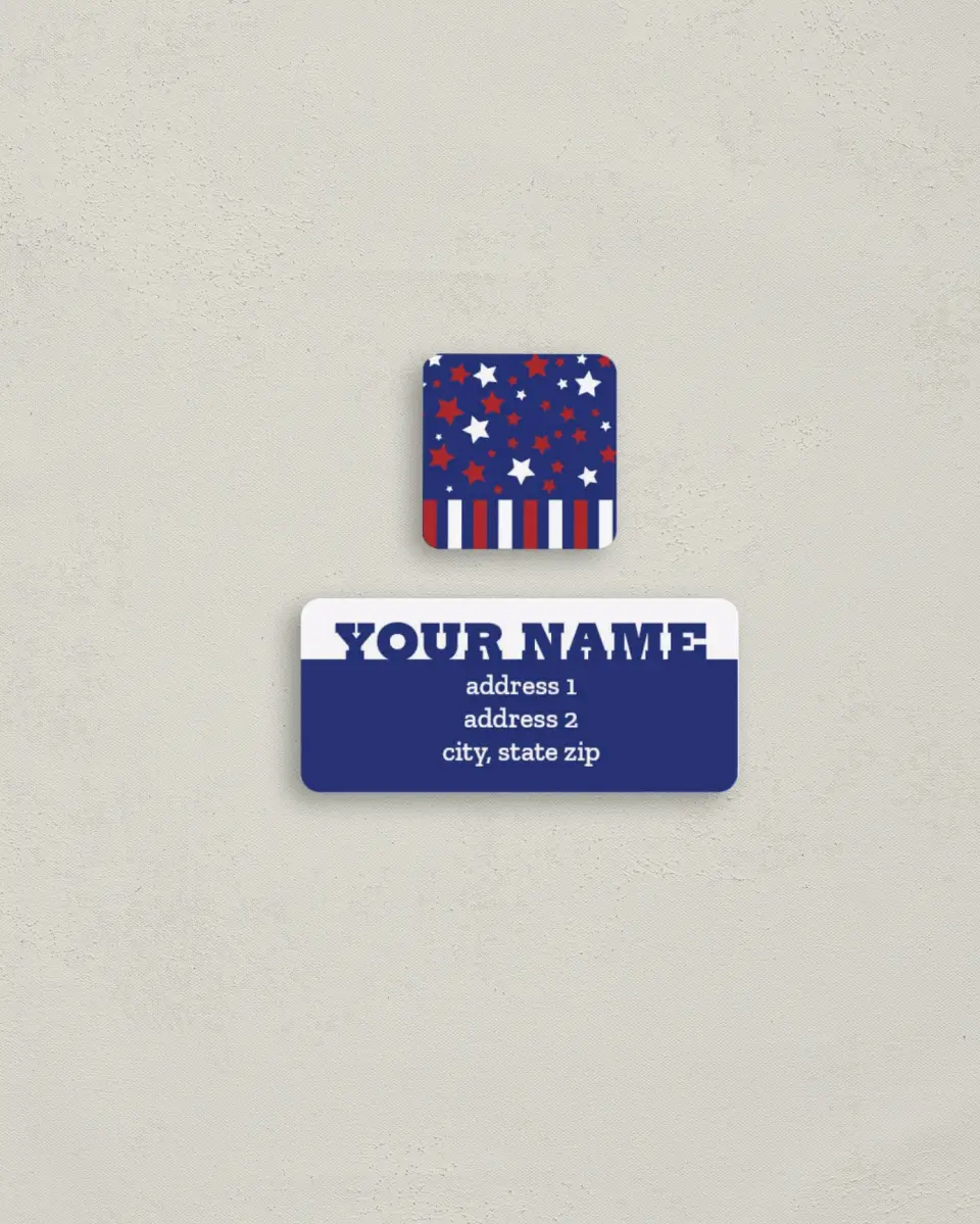 This is a 2¼" x 1" Labels; 1" x 1" Seals Return Address Label called July Fourth Stars & Stripes printed in full color