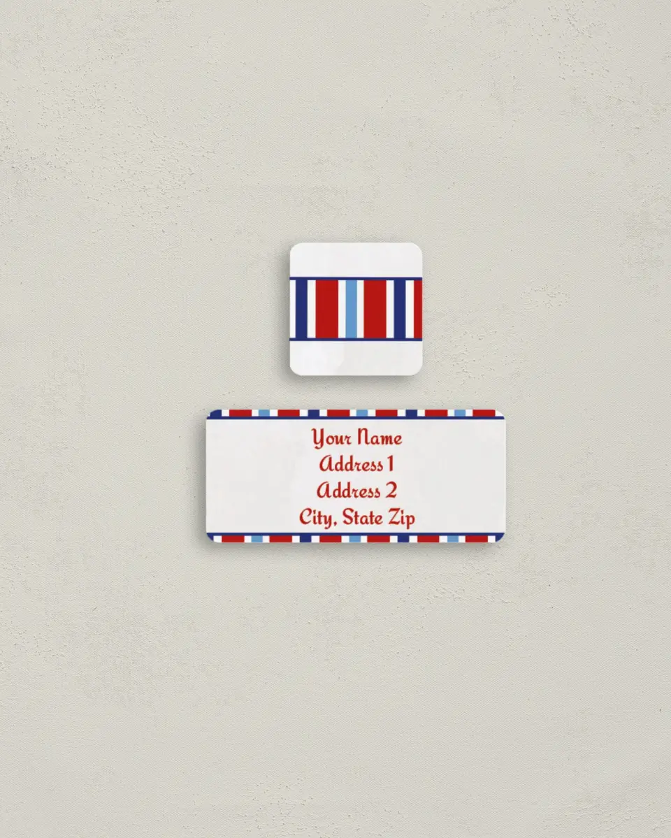 This is a 2¼" x 1" Labels; 1" x 1" Seals Return Address Label called Emblem Banner Stripes printed in full color