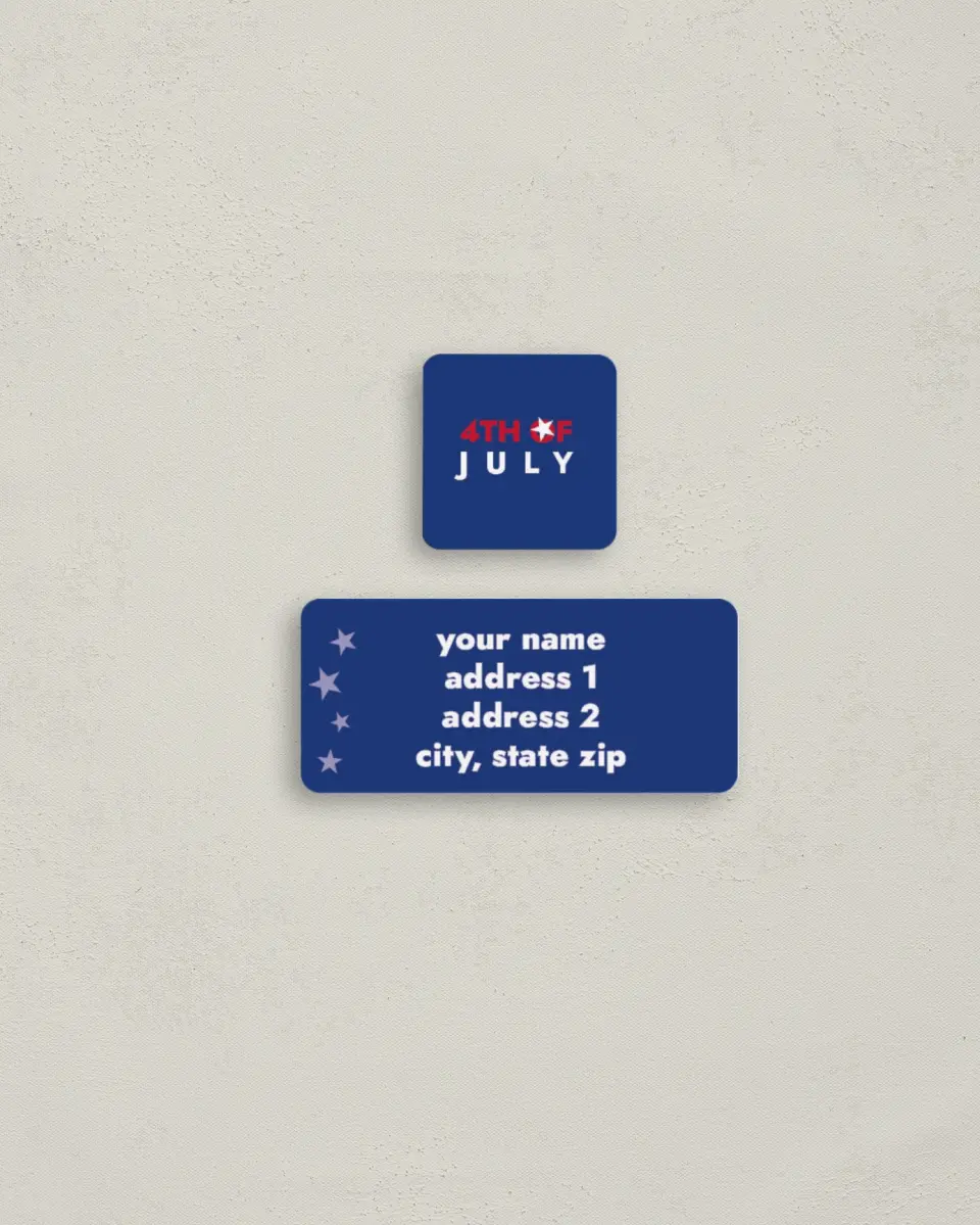 This is a 2¼" x 1" Labels; 1" x 1" Seals Return Address Label called Patriotic Stars & Sounds printed in full color