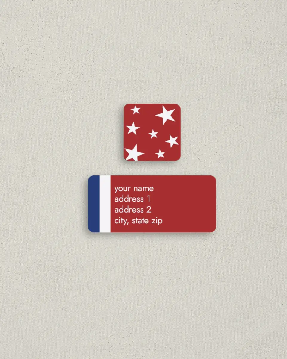 This is a 2¼" x 1" Labels; 1" x 1" Seals Return Address Label called Modern Stars and Stripes printed in full color