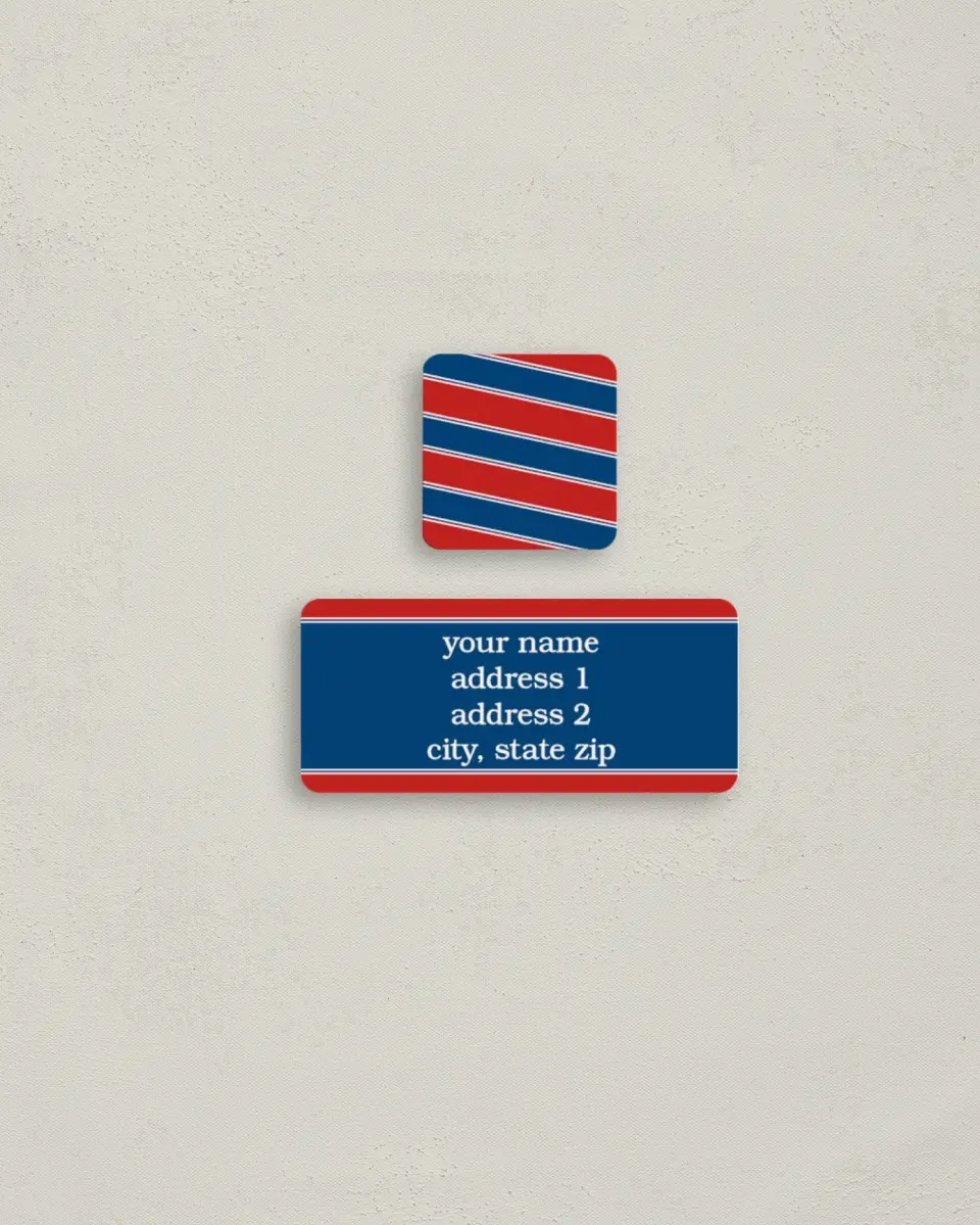 This is a 2¼" x 1" Labels; 1" x 1" Seals Return Address Label called Patriotic Diagonal Ribbons printed in full color