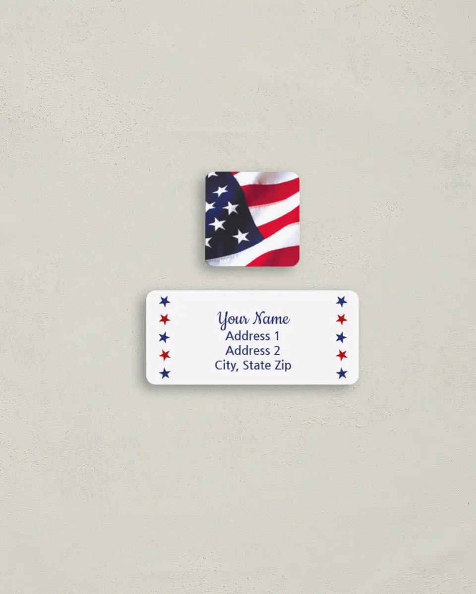 This is a 2¼" x 1" Labels; 1" x 1" Seals Return Address Label called American Flag Spirit printed in full color