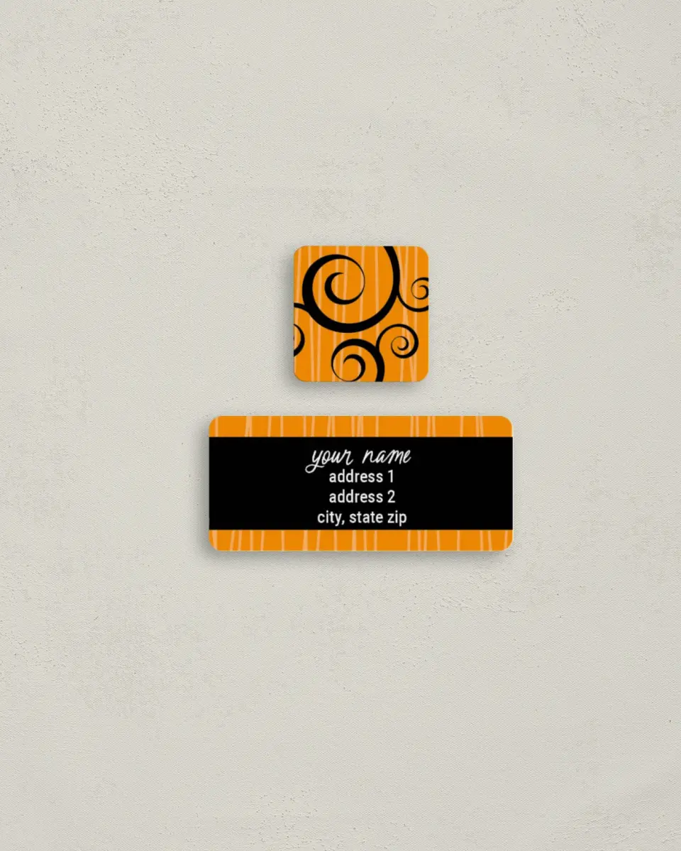 This is a 2¼" x 1" Labels; 1" x 1" Seals Return Address Label called Pumpkin Vines & Stripes printed in full color
