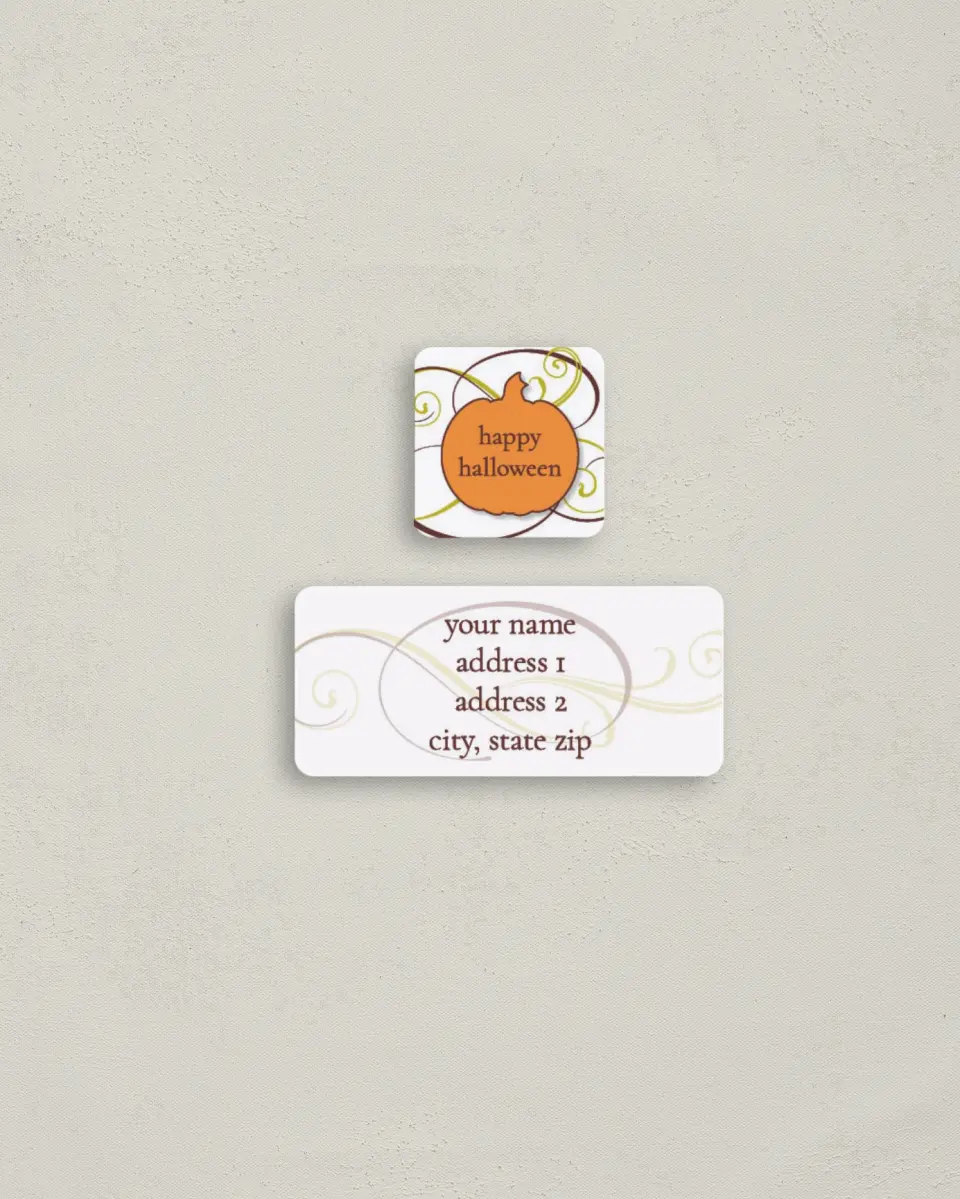 This is a 2¼" x 1" Labels; 1" x 1" Seals Return Address Label called Polished Pumpkin Vines printed in full color