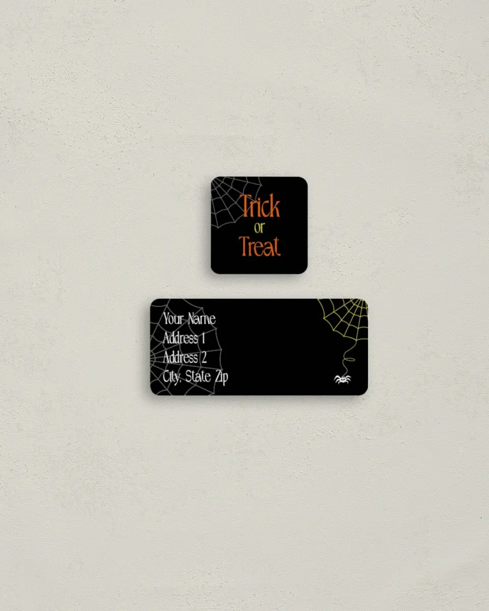 This is a 2¼" x 1" Labels; 1" x 1" Seals Return Address Label called Spider Webs & Ghosts Galore! printed in full color