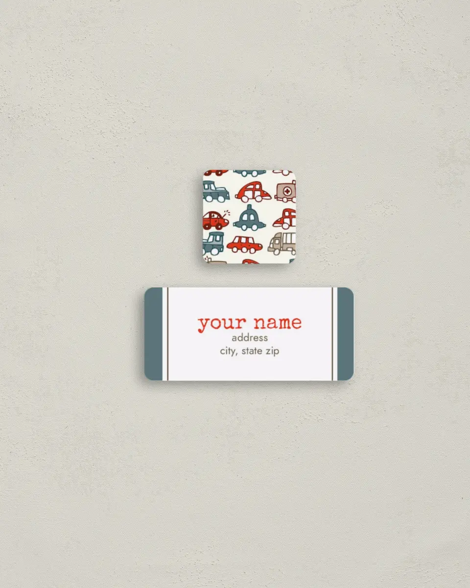 This is a 2¼" x 1" Labels; 1" x 1" Seals Return Address Label called Kids and Cars printed in full color