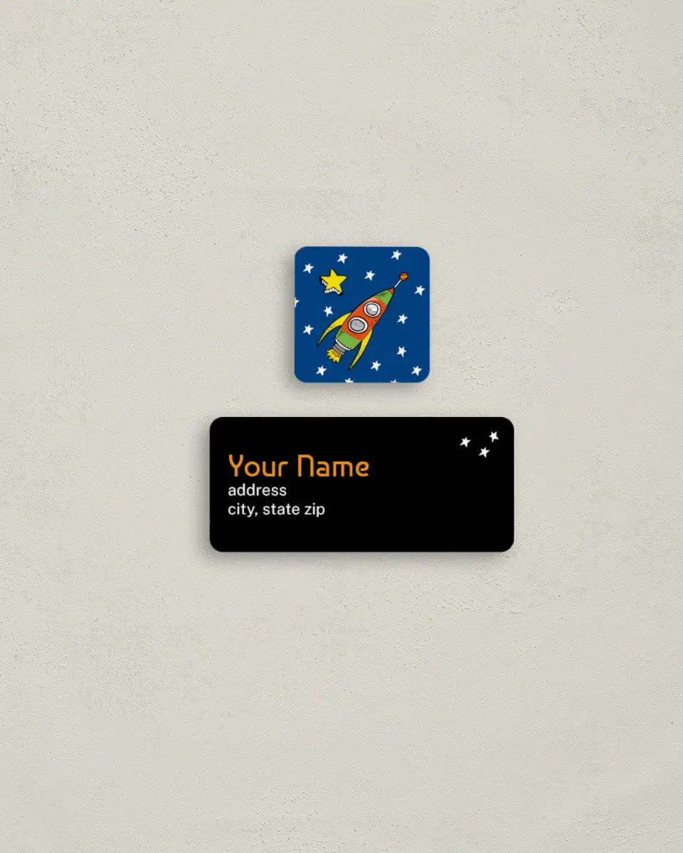 This is a 2¼" x 1" Labels; 1" x 1" Seals Return Address Label called Space Rockets & Saucers printed in full color