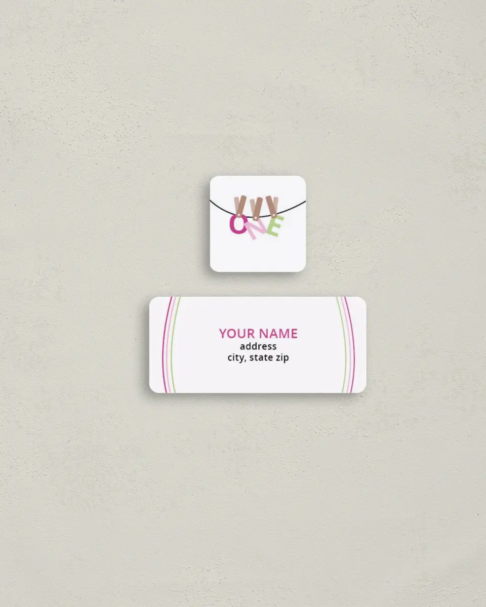This is a 2¼" x 1" Labels; 1" x 1" Seals Return Address Label called Clothespin Cutie Pie printed in full color