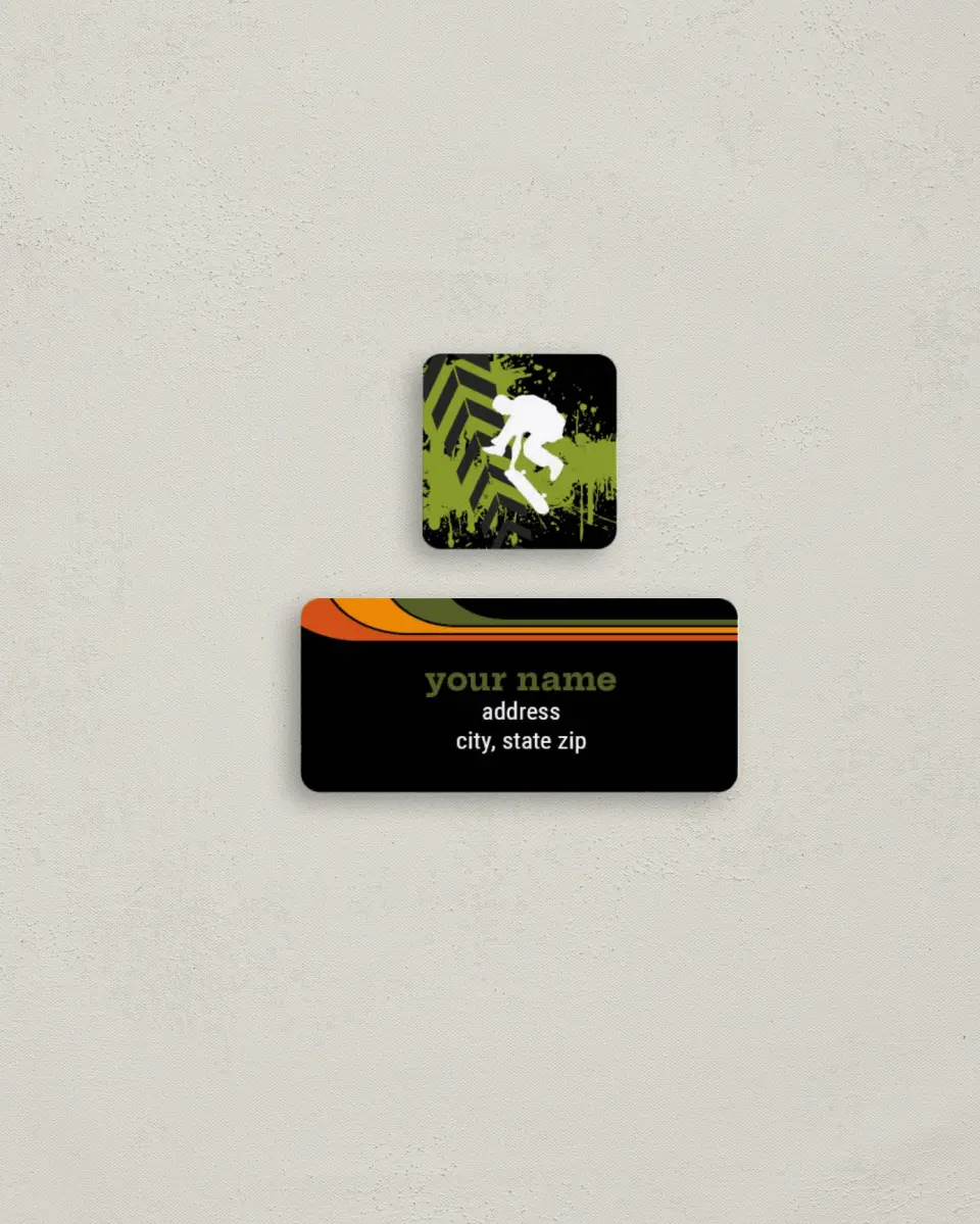 This is a 2¼" x 1" Labels; 1" x 1" Seals Return Address Label called Skateboard Style printed in full color