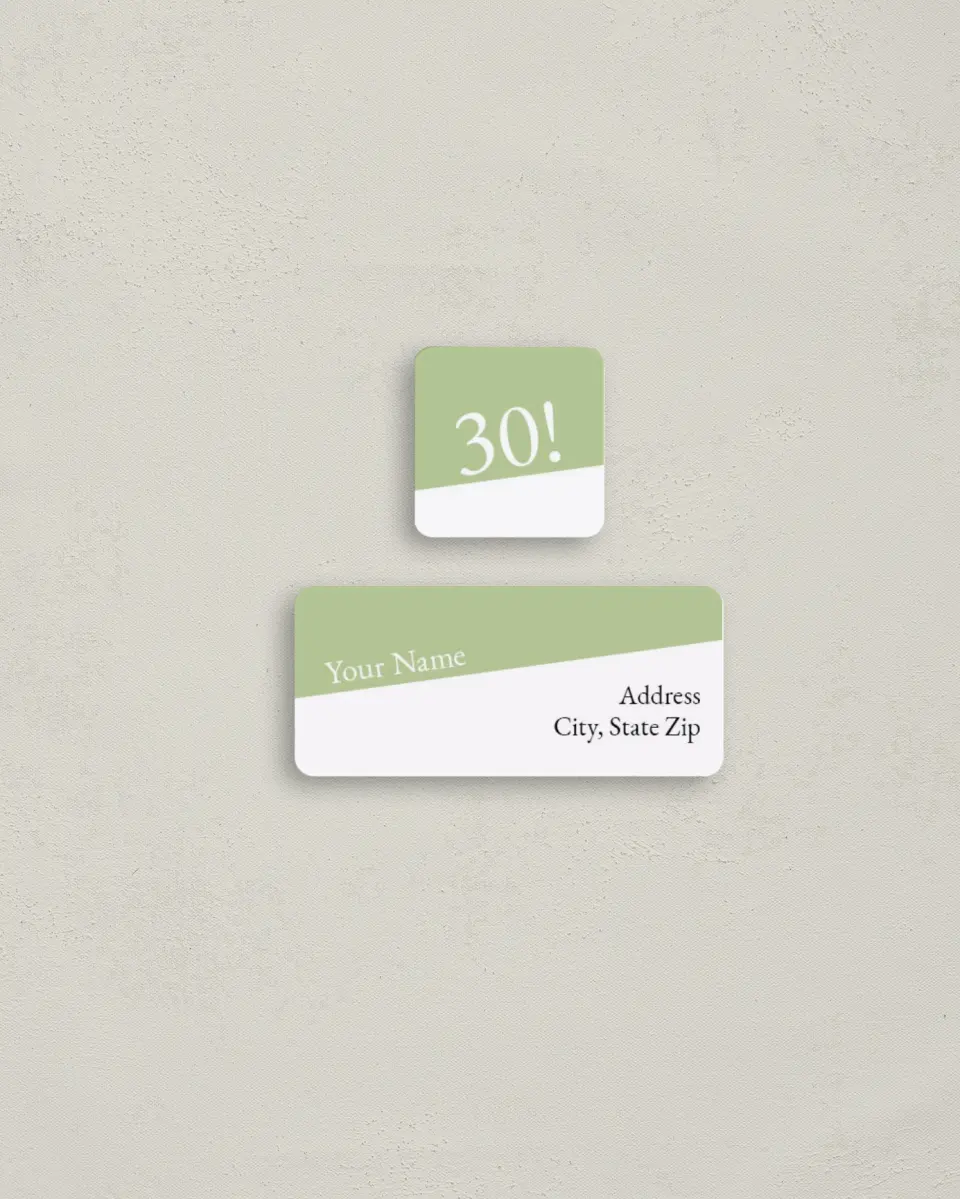 This is a 2¼" x 1" Labels; 1" x 1" Seals Return Address Label called Turning Thirty printed in full color