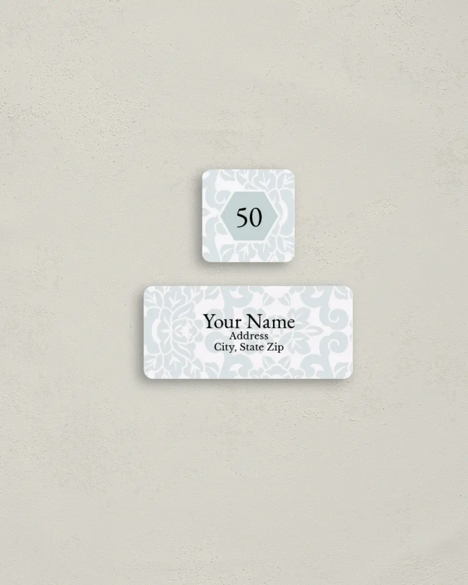 This is a 2¼" x 1" Labels; 1" x 1" Seals Return Address Label called Fifty & Looking Good printed in full color