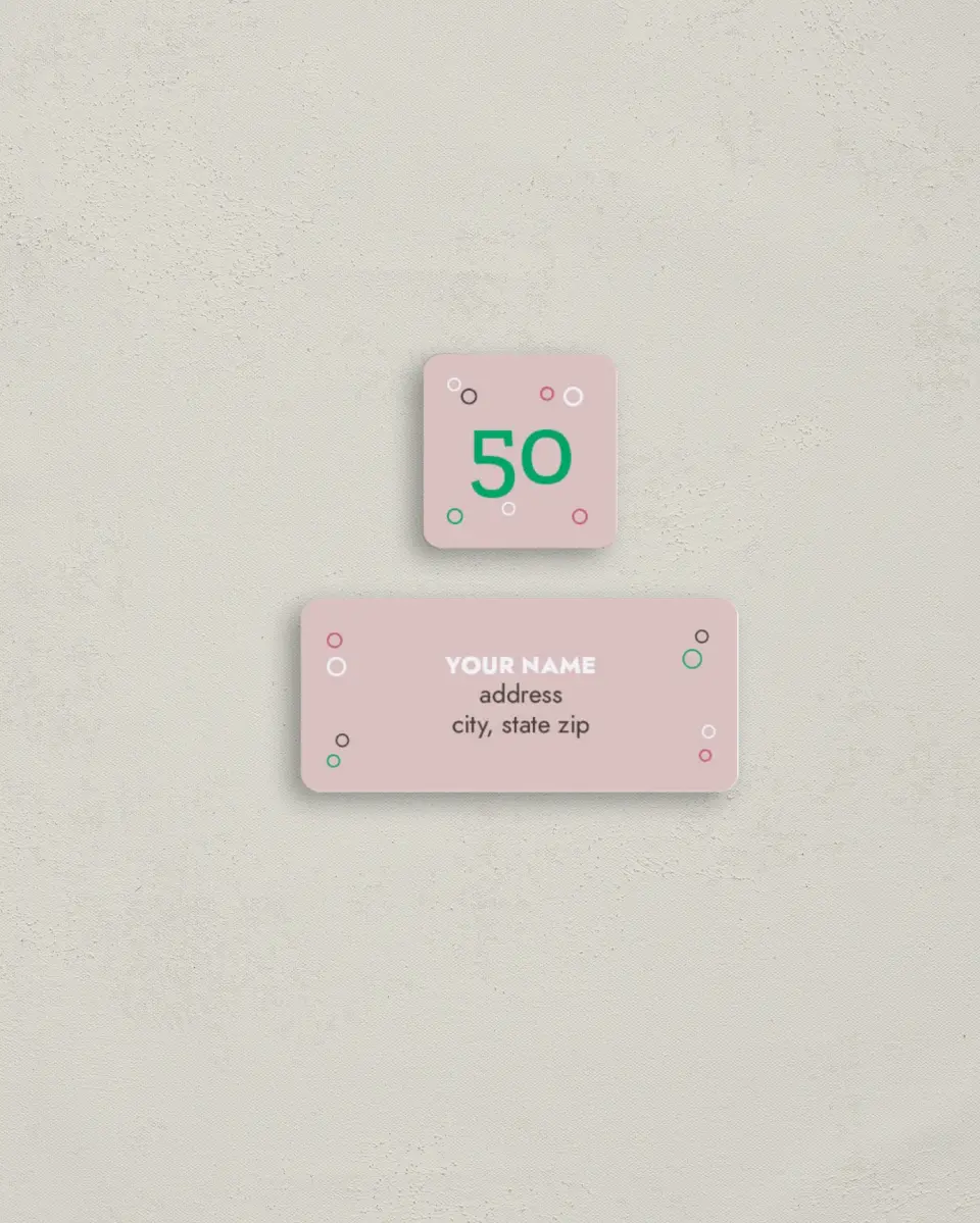 This is a 2¼" x 1" Labels; 1" x 1" Seals Return Address Label called 50 and Fabulous printed in full color