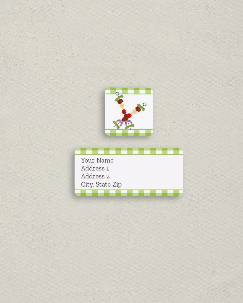 This is a 2¼" x 1" Labels; 1" x 1" Seals Return Address Label called Food. Family. Fun. printed in full color