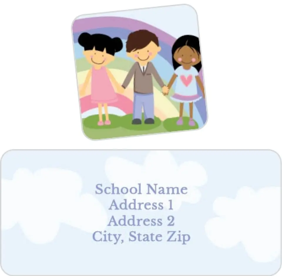 This is a 2¼" x 1" Labels; 1" x 1" Seals Return Address Label called Kids United printed in full color