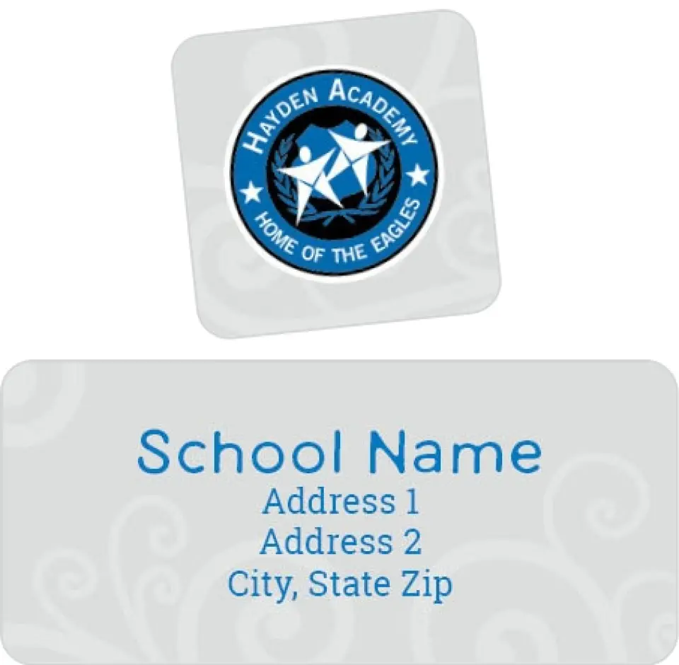 This is a 2¼" x 1" Labels; 1" x 1" Seals Return Address Label called School Logo with Swirls printed in full color