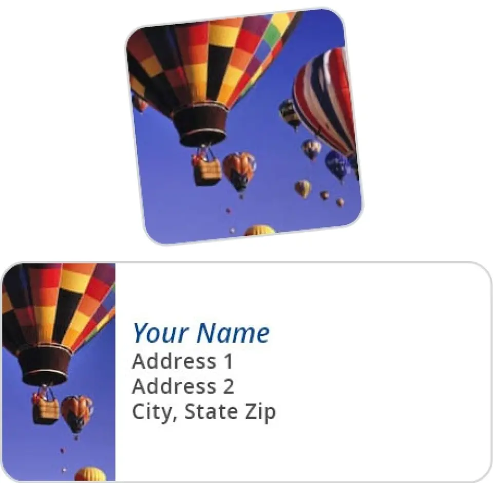 This is a 2¼" x 1" Labels; 1" x 1" Seals Return Address Label called Hot Air Balloon Banner printed in full color