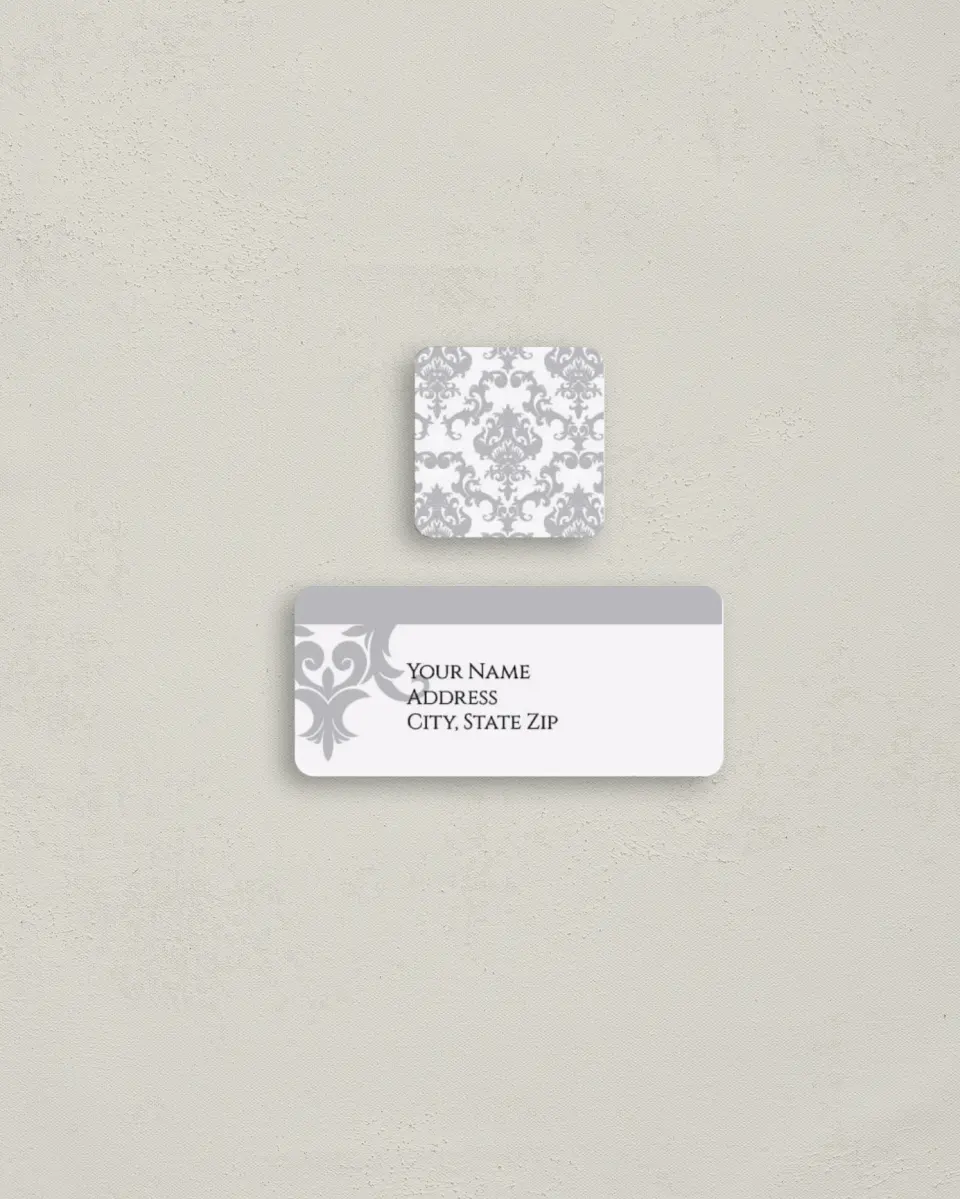 This is a 2¼" x 1" Labels; 1" x 1" Seals Return Address Label called Damask Elegance printed in full color
