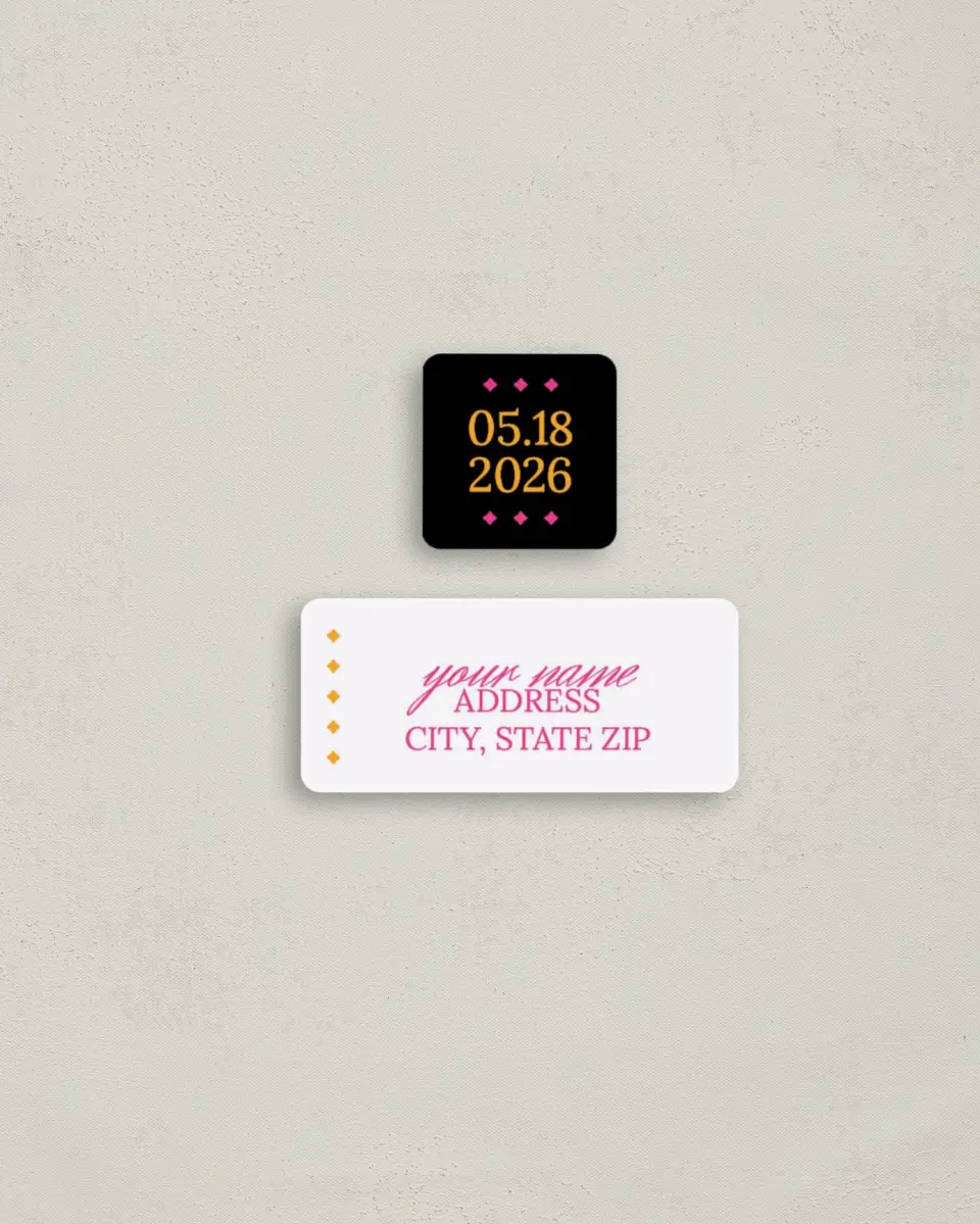 This is a 2¼" x 1" Labels; 1" x 1" Seals Return Address Label called Diamond Date printed in full color