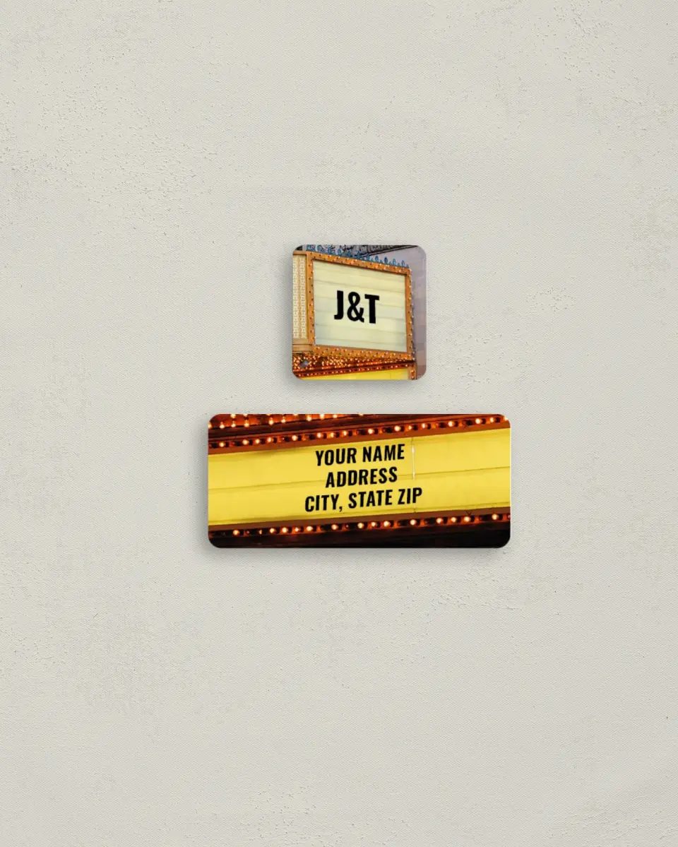 This is a 2¼" x 1" Labels; 1" x 1" Seals Return Address Label called Marquee Theater printed in full color